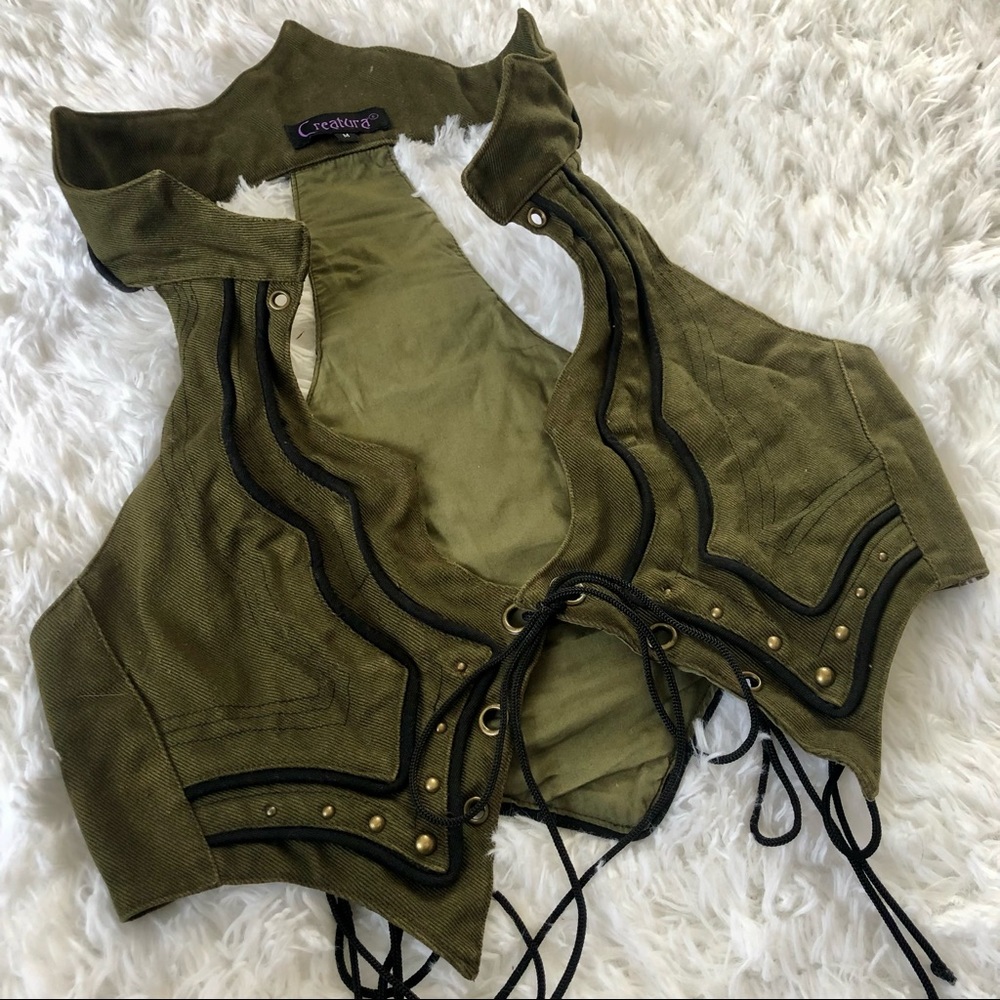 Creatura Festival Vest - high collar green studded short vest - Picture 5 of 15